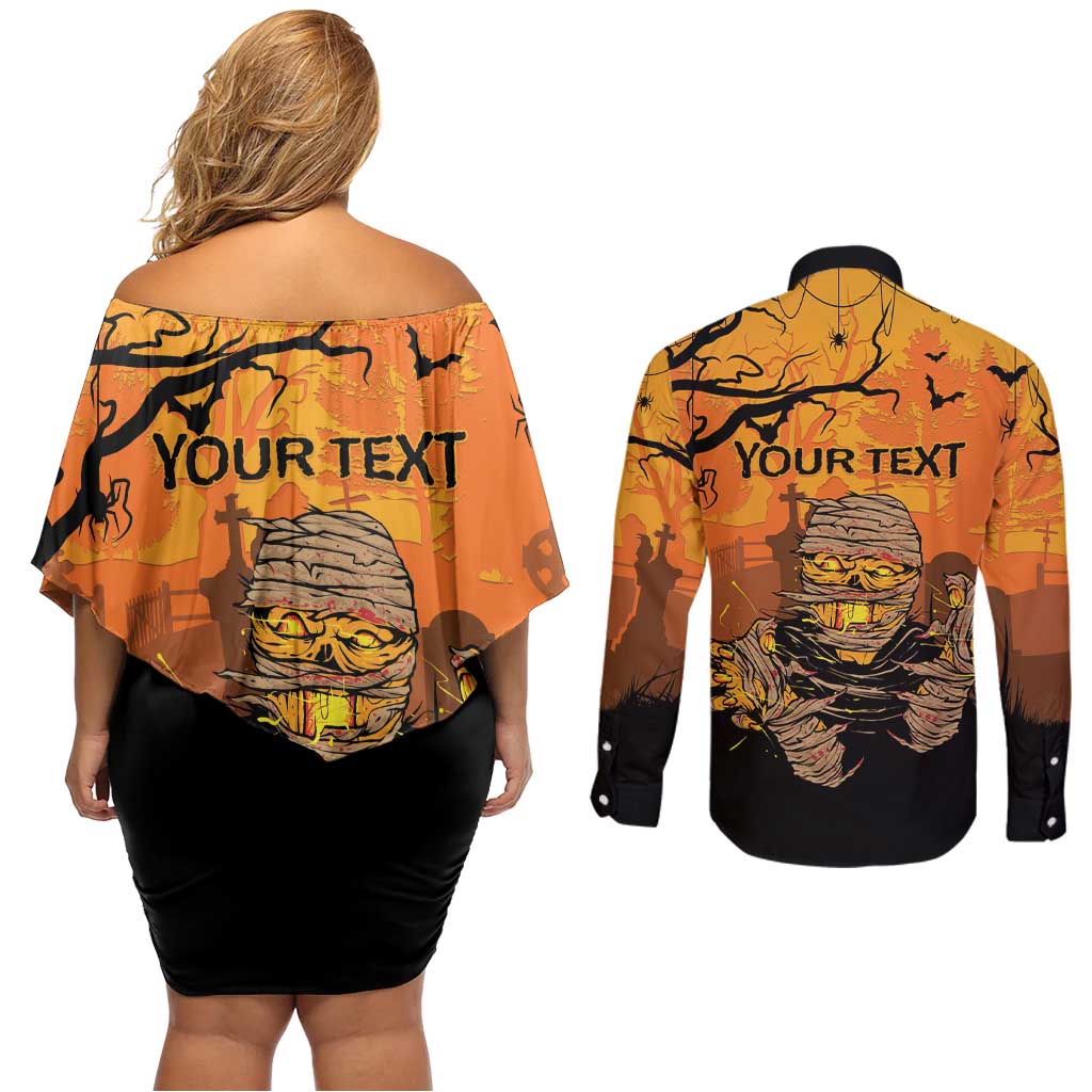 Personalized Halloween Egypt Mummy Couples Matching Off Shoulder Short Dress and Long Sleeve Button Shirt Trick or Treat - Wonder Print Shop