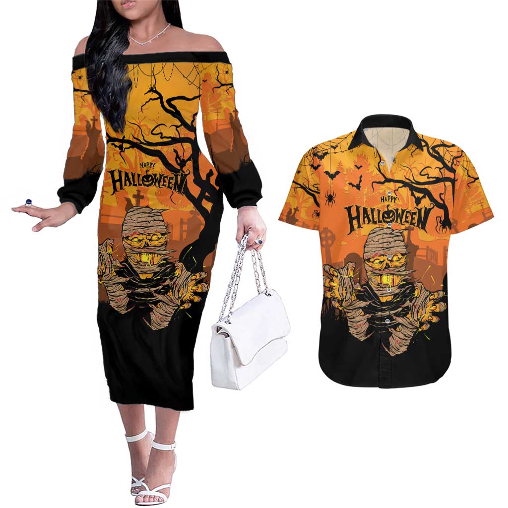 Personalized Halloween Egypt Mummy Couples Matching Off The Shoulder Long Sleeve Dress and Hawaiian Shirt Trick or Treat - Wonder Print Shop