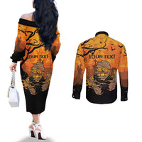Personalized Halloween Egypt Mummy Couples Matching Off The Shoulder Long Sleeve Dress and Long Sleeve Button Shirt Trick or Treat - Wonder Print Shop