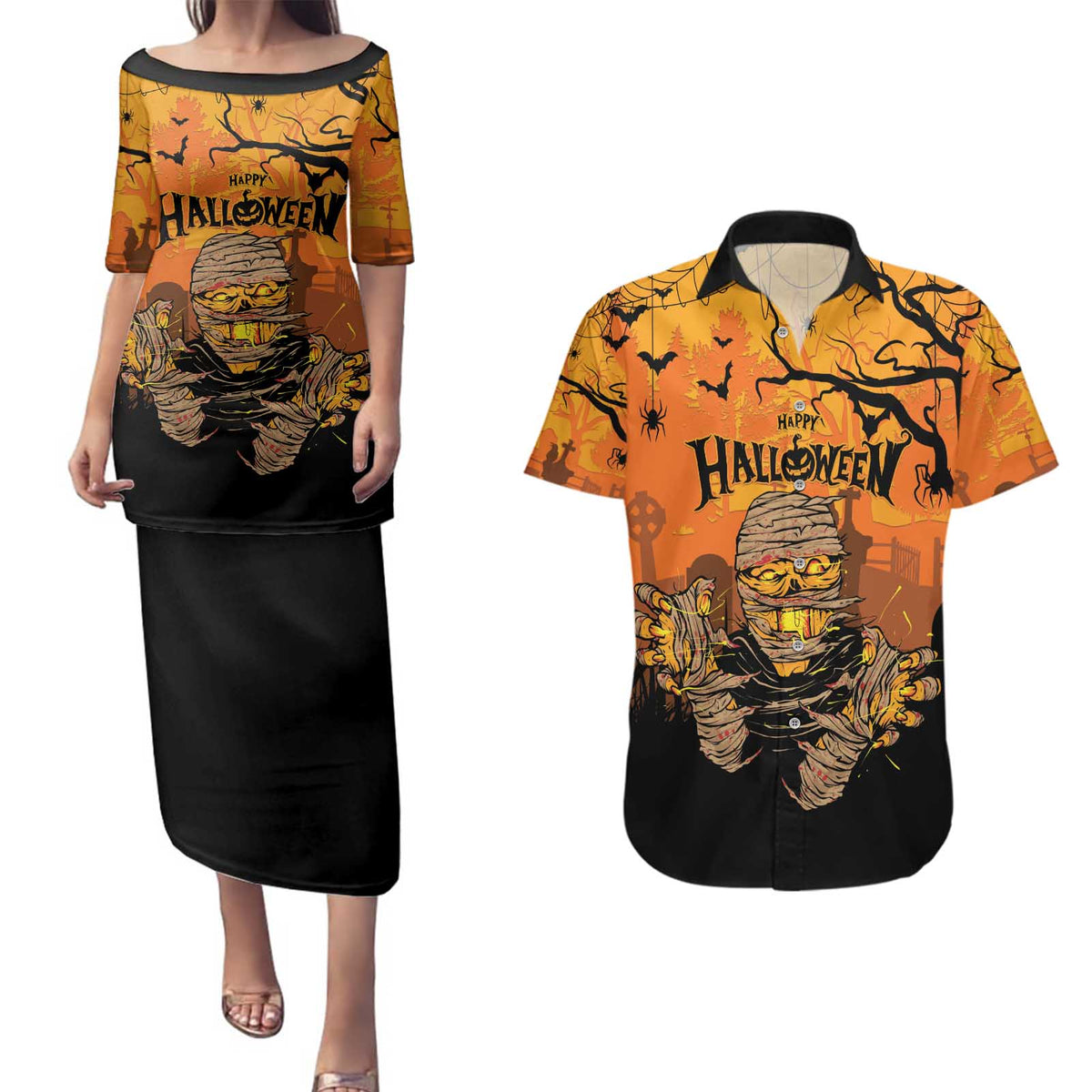 Personalized Halloween Egypt Mummy Couples Matching Puletasi and Hawaiian Shirt Trick or Treat - Wonder Print Shop