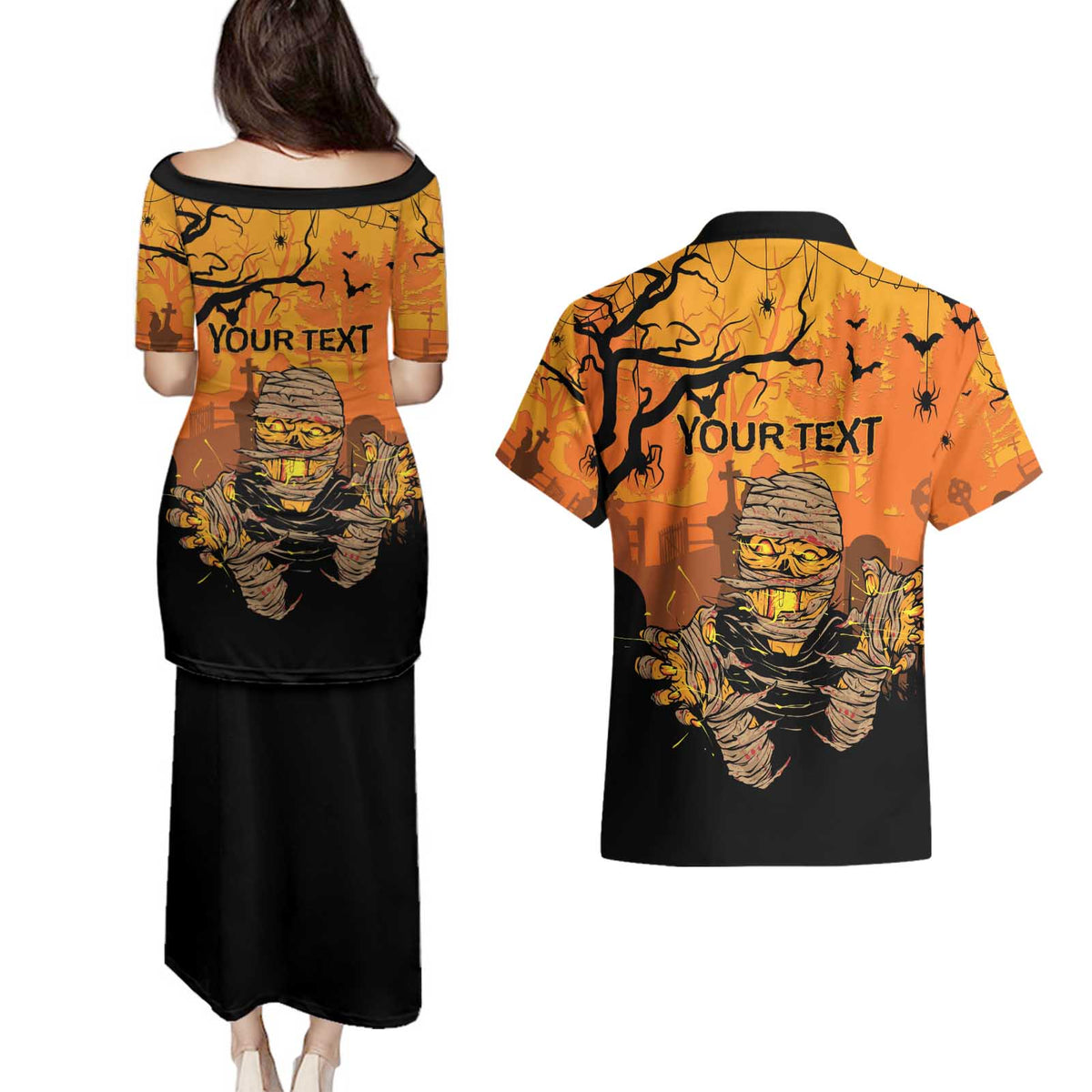 Personalized Halloween Egypt Mummy Couples Matching Puletasi and Hawaiian Shirt Trick or Treat - Wonder Print Shop