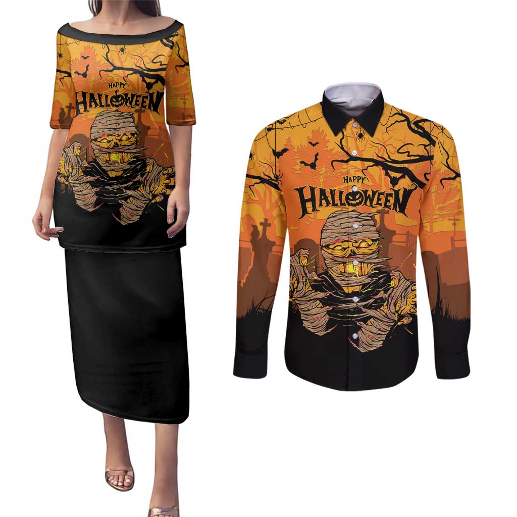 Personalized Halloween Egypt Mummy Couples Matching Puletasi and Long Sleeve Button Shirt Trick or Treat - Wonder Print Shop