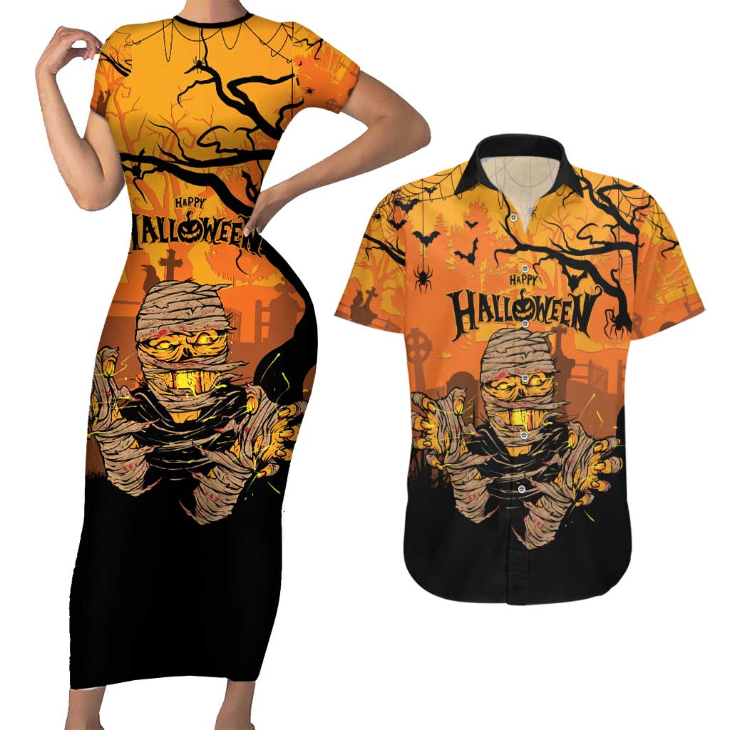 Personalized Halloween Egypt Mummy Couples Matching Short Sleeve Bodycon Dress and Hawaiian Shirt Trick or Treat - Wonder Print Shop