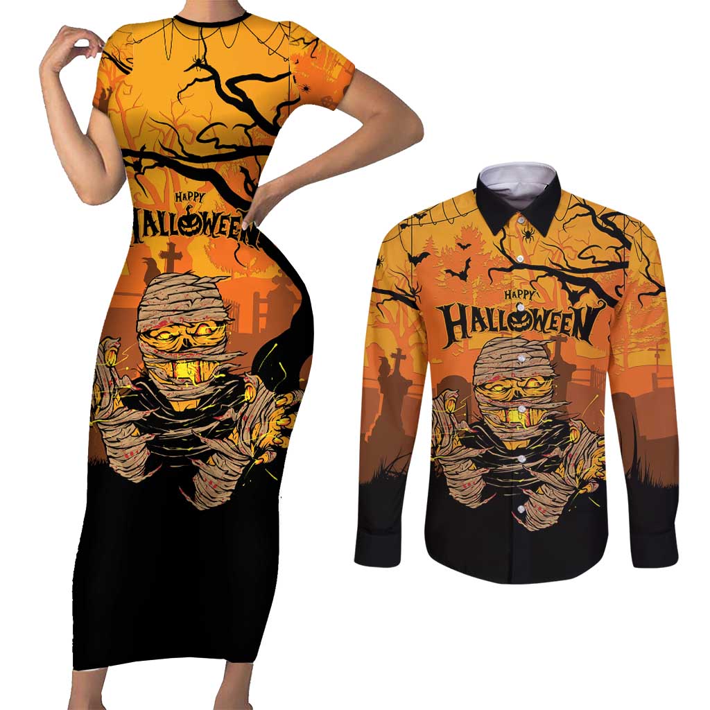 Personalized Halloween Egypt Mummy Couples Matching Short Sleeve Bodycon Dress and Long Sleeve Button Shirt Trick or Treat - Wonder Print Shop
