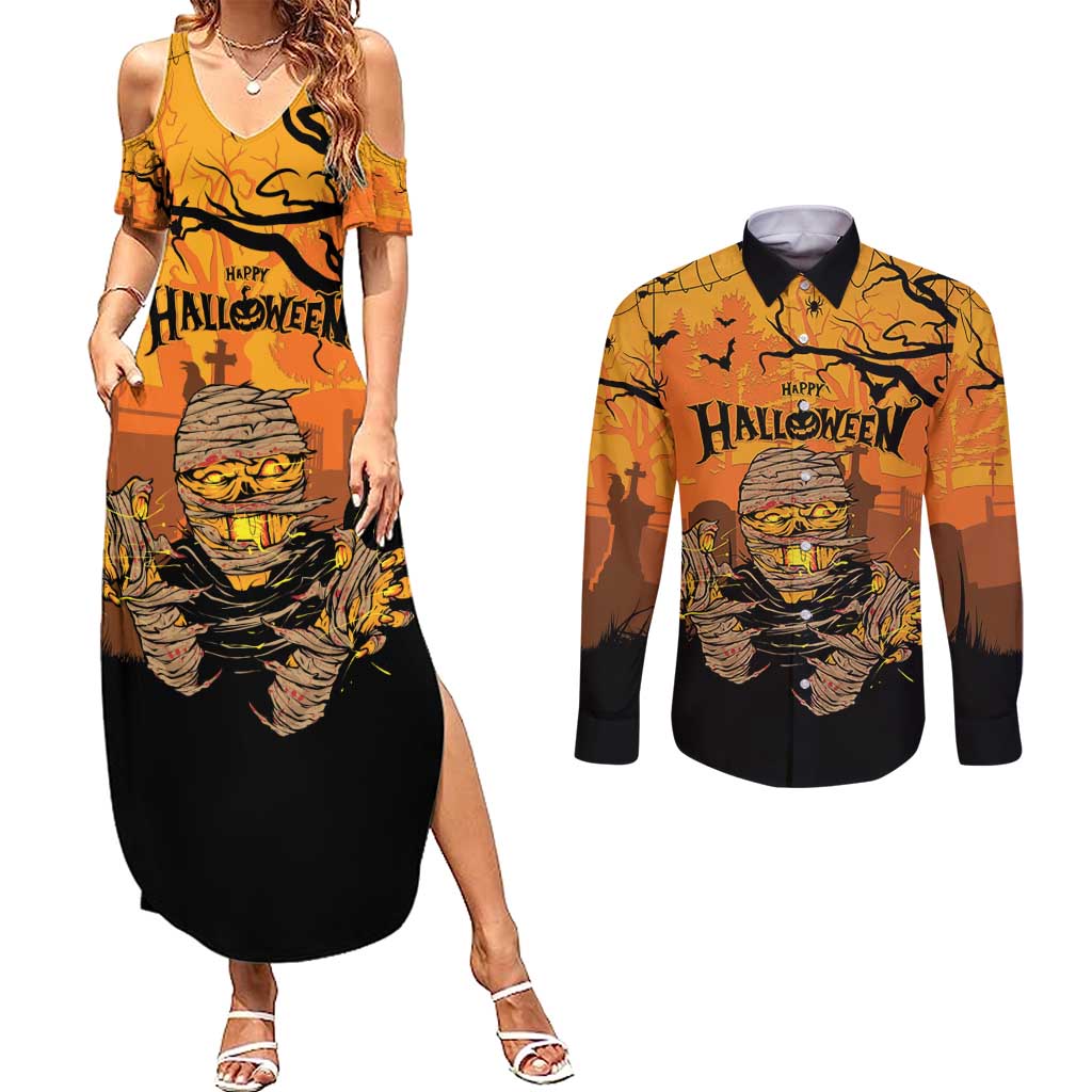 Personalized Halloween Egypt Mummy Couples Matching Summer Maxi Dress and Long Sleeve Button Shirt Trick or Treat - Wonder Print Shop