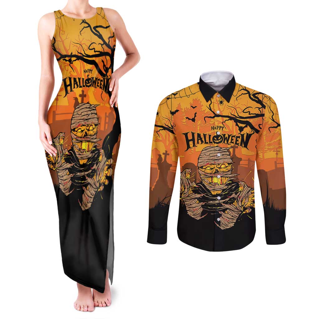 Personalized Halloween Egypt Mummy Couples Matching Tank Maxi Dress and Long Sleeve Button Shirt Trick or Treat - Wonder Print Shop