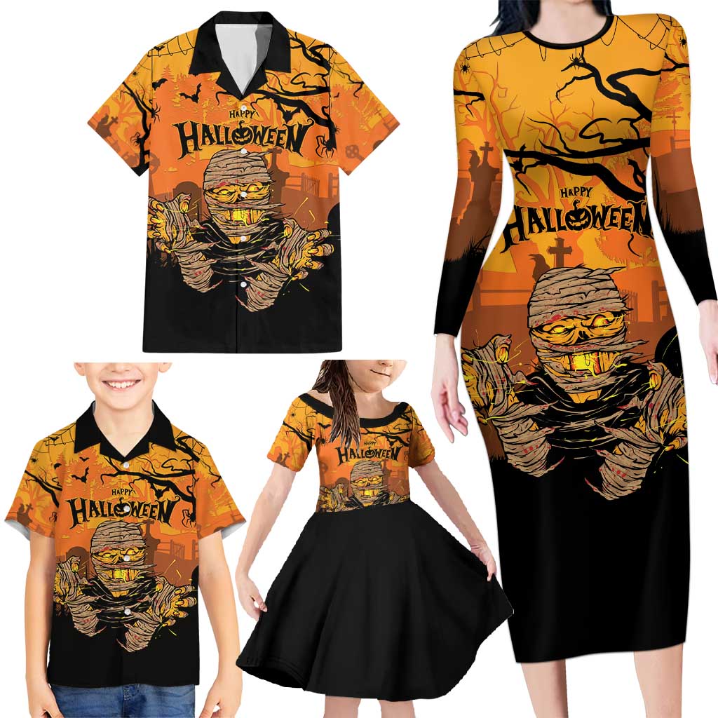 Personalized Halloween Egypt Mummy Family Matching Long Sleeve Bodycon Dress and Hawaiian Shirt Trick or Treat - Wonder Print Shop