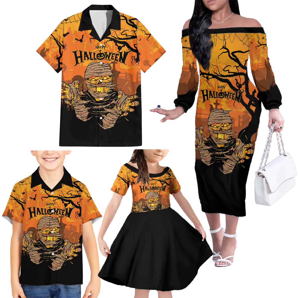 Personalized Halloween Egypt Mummy Family Matching Off The Shoulder Long Sleeve Dress and Hawaiian Shirt Trick or Treat - Wonder Print Shop