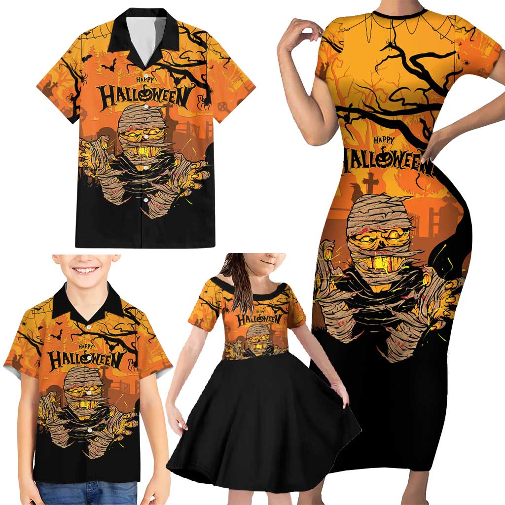 Personalized Halloween Egypt Mummy Family Matching Short Sleeve Bodycon Dress and Hawaiian Shirt Trick or Treat - Wonder Print Shop