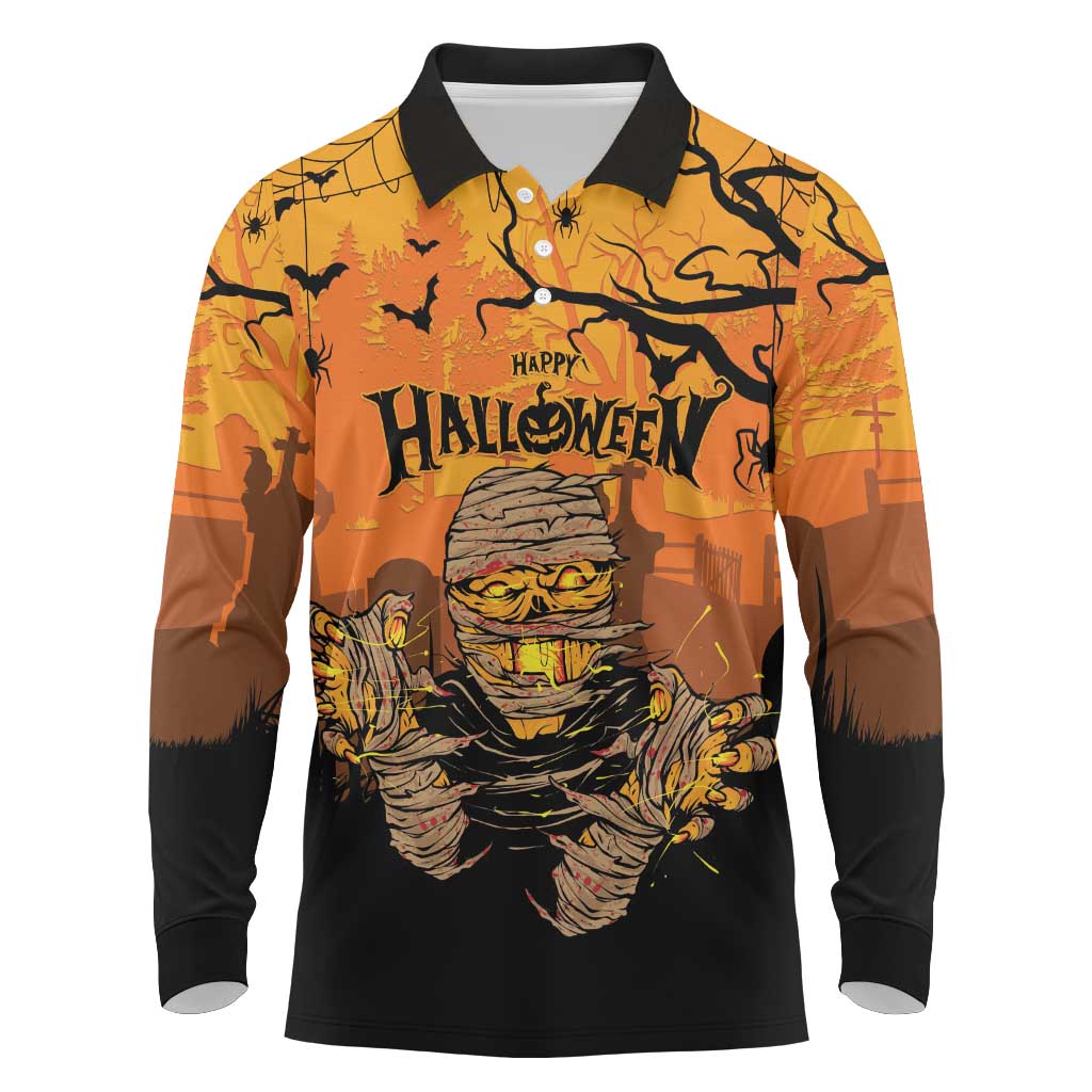 Personalized Halloween Egypt Mummy Long Sleeve Polo Shirt Trick or Treat - Wonder Print Shop