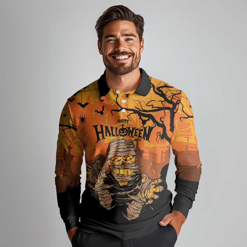 Personalized Halloween Egypt Mummy Long Sleeve Polo Shirt Trick or Treat - Wonder Print Shop