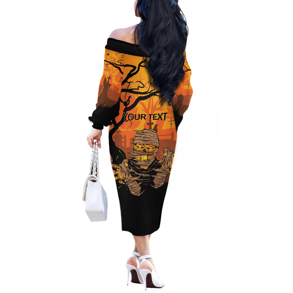 Personalized Halloween Egypt Mummy Off The Shoulder Long Sleeve Dress Trick or Treat - Wonder Print Shop