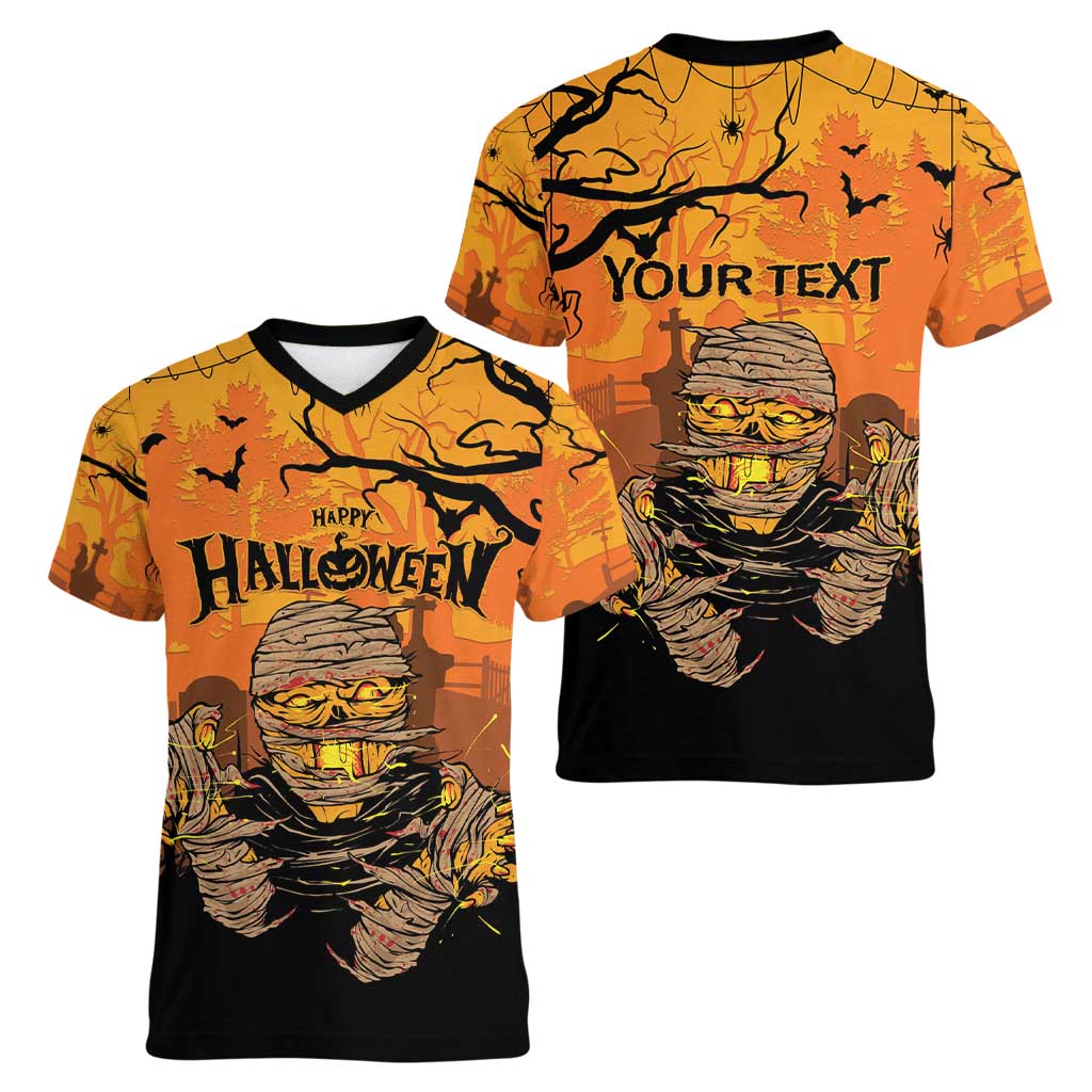 Personalized Halloween Egypt Mummy Women V-Neck T-Shirt Trick or Treat - Wonder Print Shop