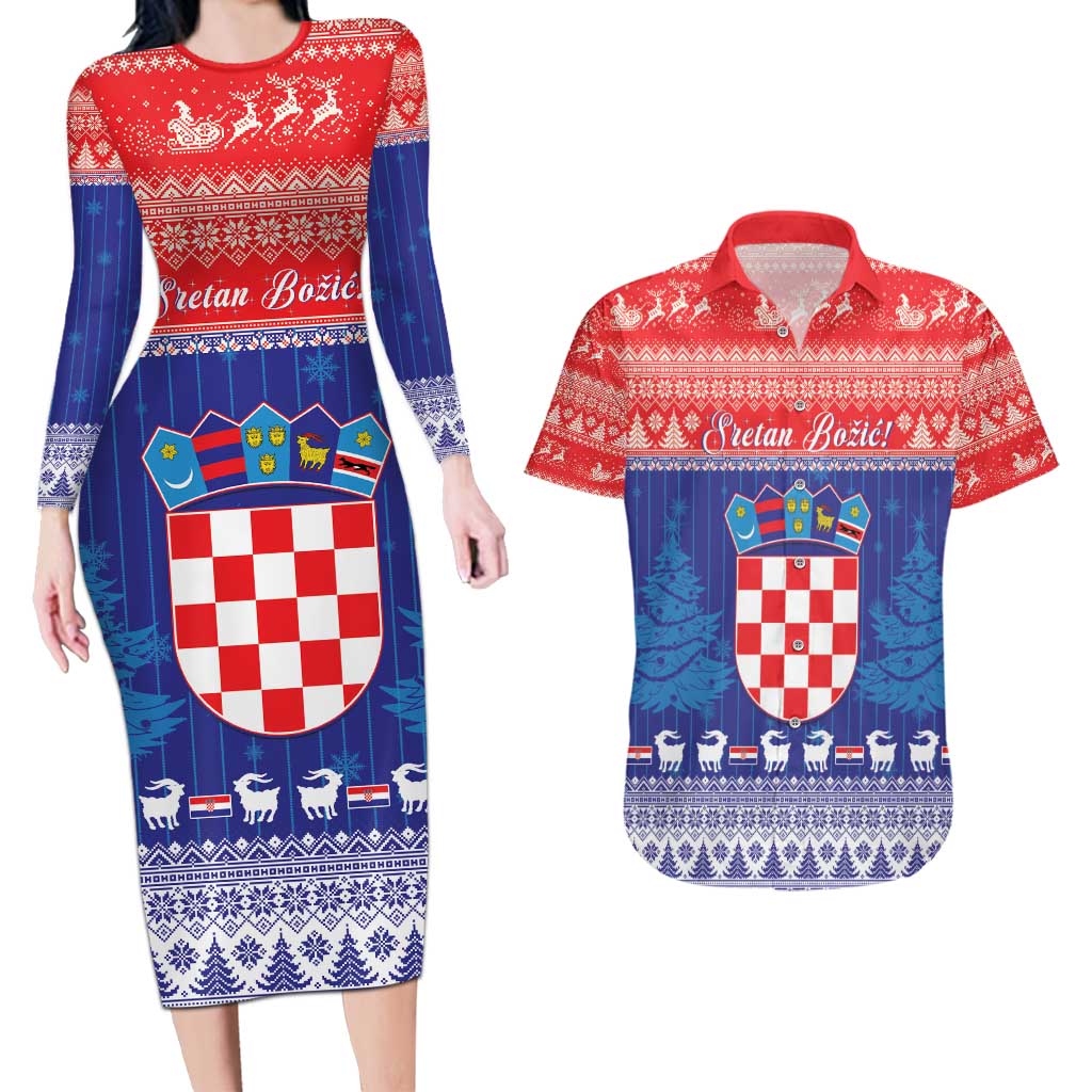 Croatia Christmas Couples Matching Long Sleeve Bodycon Dress and Hawaiian Shirt Coat Of Arms Sretan Bozic - Wonder Print Shop