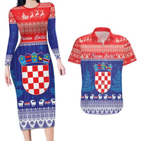 Croatia Christmas Couples Matching Long Sleeve Bodycon Dress and Hawaiian Shirt Coat Of Arms Sretan Bozic - Wonder Print Shop