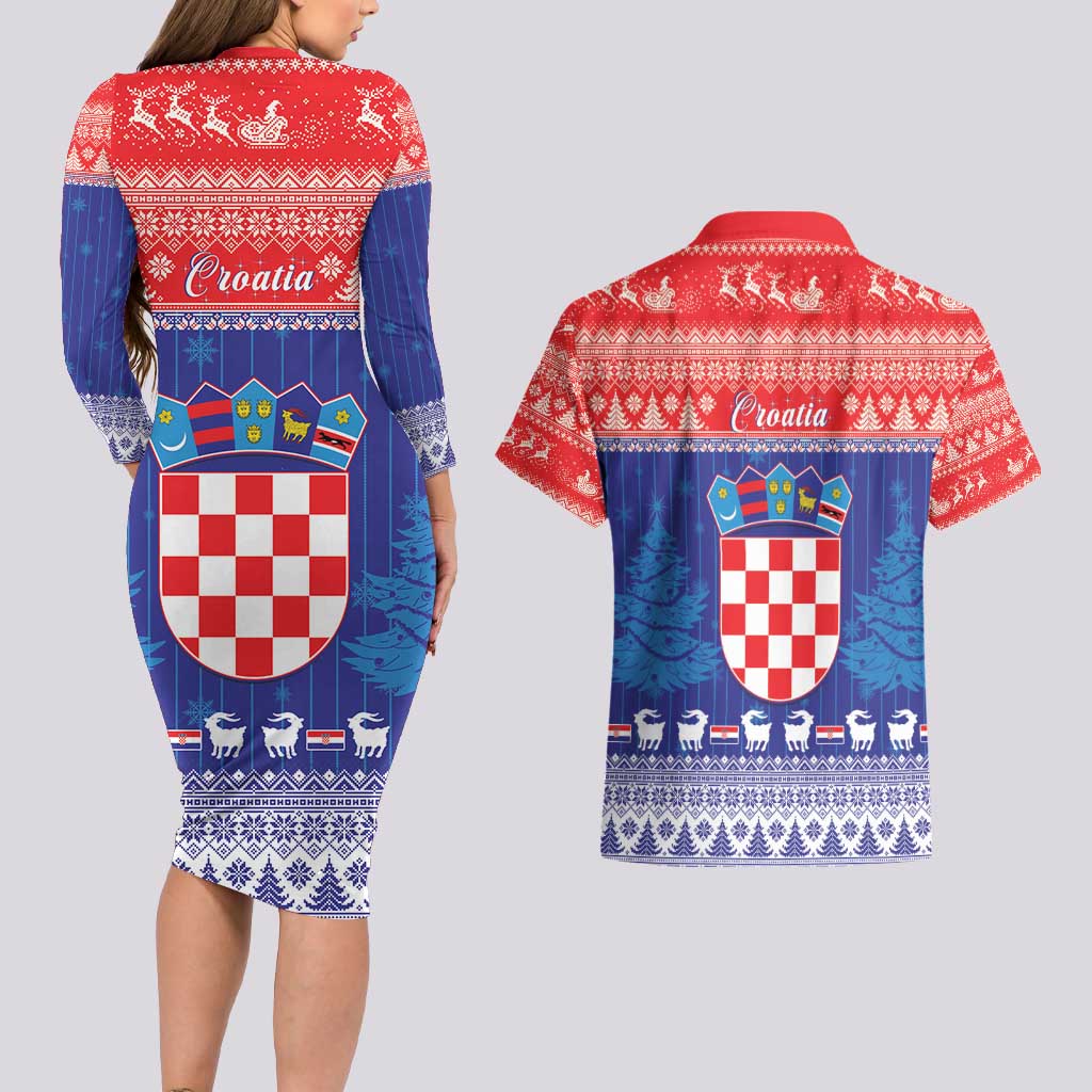 Croatia Christmas Couples Matching Long Sleeve Bodycon Dress and Hawaiian Shirt Coat Of Arms Sretan Bozic - Wonder Print Shop