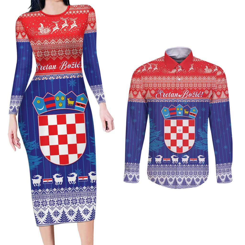 Croatia Christmas Couples Matching Long Sleeve Bodycon Dress and Long Sleeve Button Shirt Coat Of Arms Sretan Bozic - Wonder Print Shop