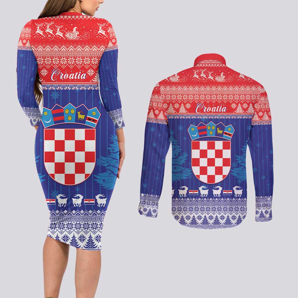 Croatia Christmas Couples Matching Long Sleeve Bodycon Dress and Long Sleeve Button Shirt Coat Of Arms Sretan Bozic - Wonder Print Shop