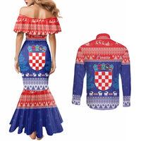 Croatia Christmas Couples Matching Mermaid Dress and Long Sleeve Button Shirt Coat Of Arms Sretan Bozic