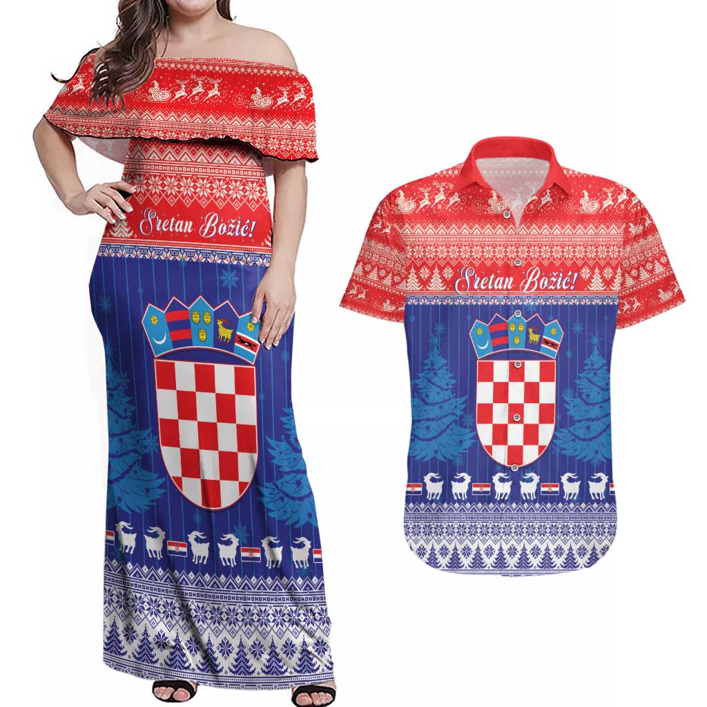 Croatia Christmas Couples Matching Off Shoulder Maxi Dress and Hawaiian Shirt Coat Of Arms Sretan Bozic - Wonder Print Shop