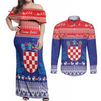 Croatia Christmas Couples Matching Off Shoulder Maxi Dress and Long Sleeve Button Shirt Coat Of Arms Sretan Bozic - Wonder Print Shop