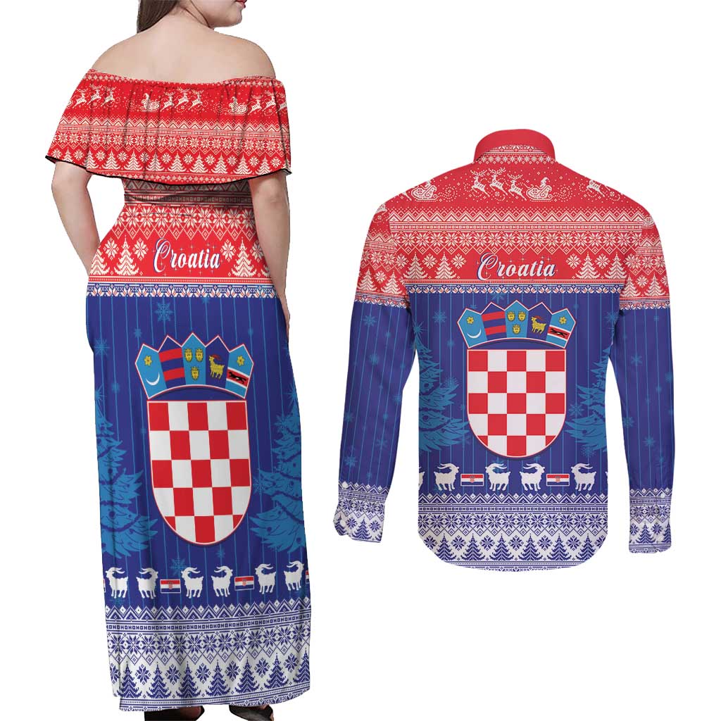 Croatia Christmas Couples Matching Off Shoulder Maxi Dress and Long Sleeve Button Shirt Coat Of Arms Sretan Bozic - Wonder Print Shop