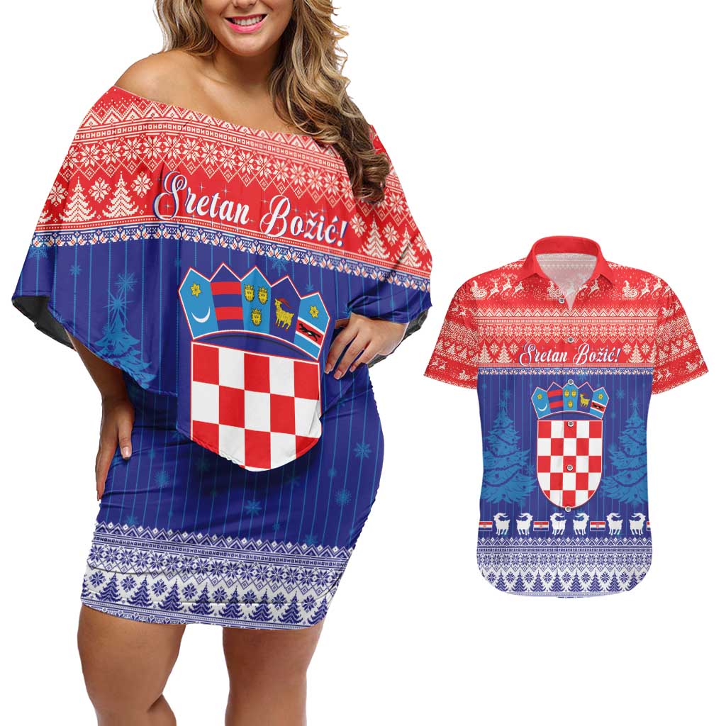 Croatia Christmas Couples Matching Off Shoulder Short Dress and Hawaiian Shirt Coat Of Arms Sretan Bozic - Wonder Print Shop