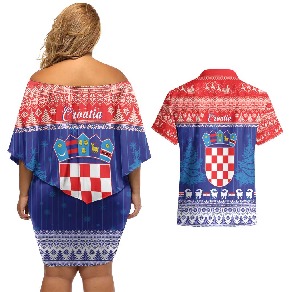 Croatia Christmas Couples Matching Off Shoulder Short Dress and Hawaiian Shirt Coat Of Arms Sretan Bozic - Wonder Print Shop