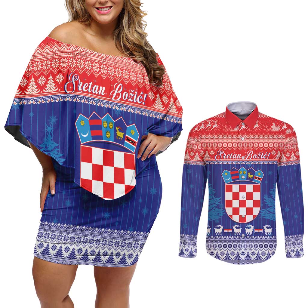 Croatia Christmas Couples Matching Off Shoulder Short Dress and Long Sleeve Button Shirt Coat Of Arms Sretan Bozic - Wonder Print Shop