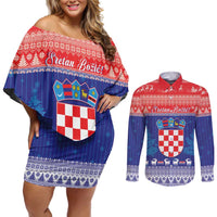 Croatia Christmas Couples Matching Off Shoulder Short Dress and Long Sleeve Button Shirt Coat Of Arms Sretan Bozic - Wonder Print Shop