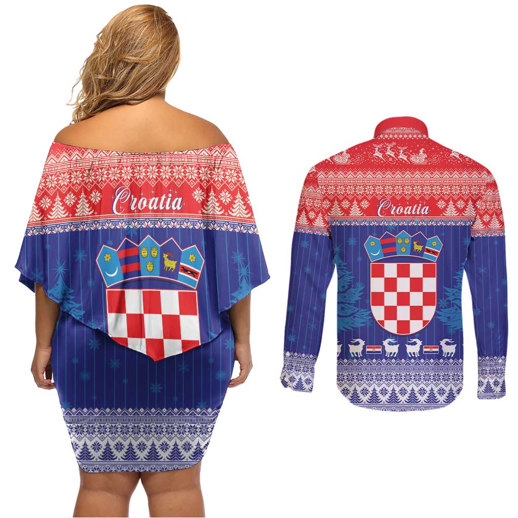 Croatia Christmas Couples Matching Off Shoulder Short Dress and Long Sleeve Button Shirt Coat Of Arms Sretan Bozic - Wonder Print Shop
