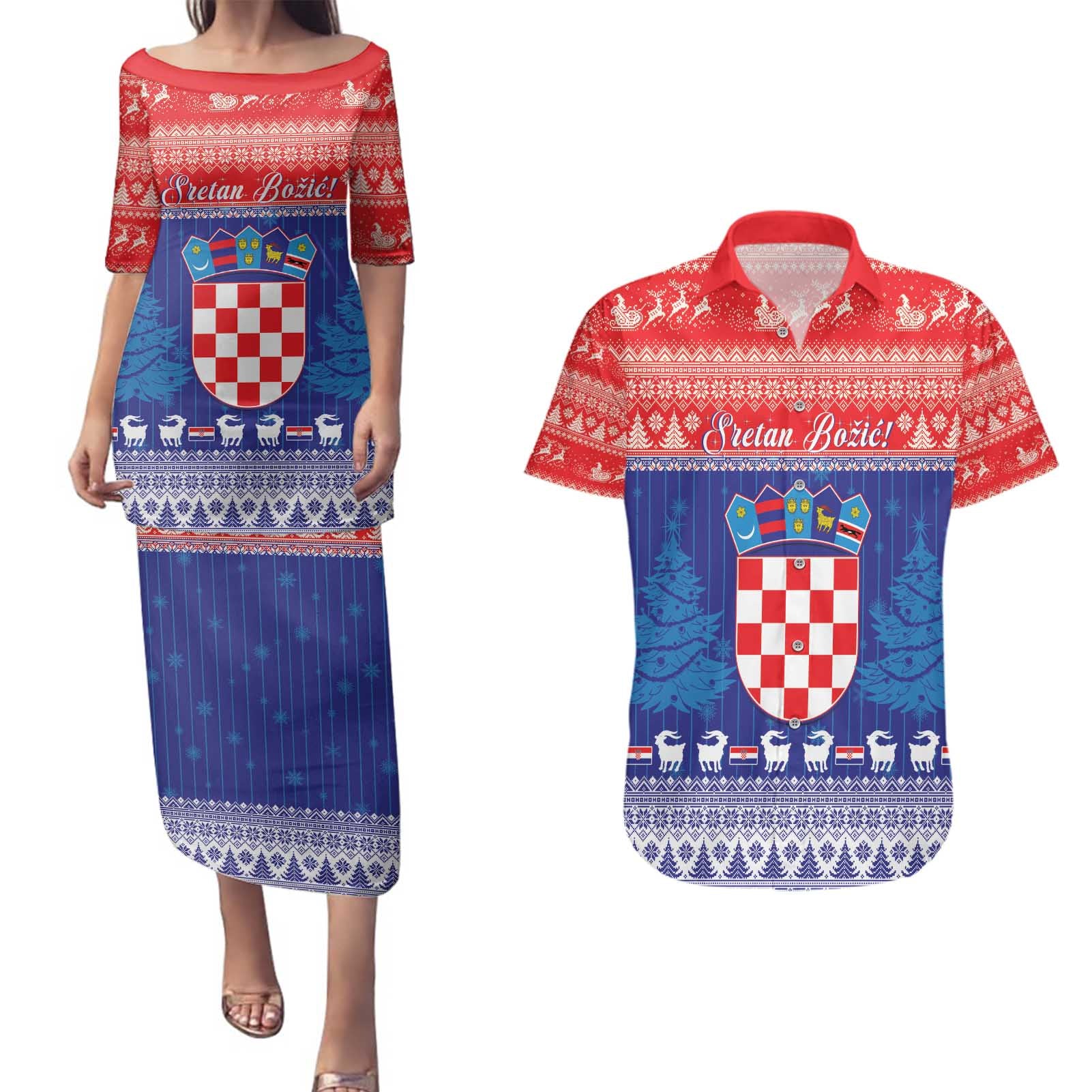 Croatia Christmas Couples Matching Puletasi and Hawaiian Shirt Coat Of Arms Sretan Bozic - Wonder Print Shop