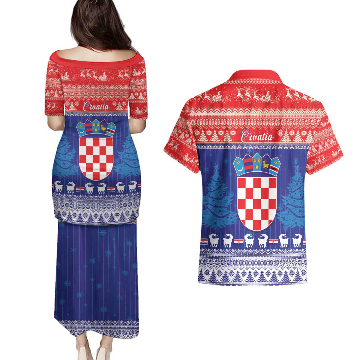 Croatia Christmas Couples Matching Puletasi and Hawaiian Shirt Coat Of Arms Sretan Bozic - Wonder Print Shop