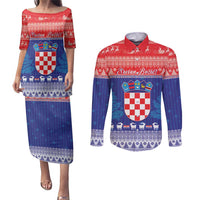 Croatia Christmas Couples Matching Puletasi and Long Sleeve Button Shirt Coat Of Arms Sretan Bozic - Wonder Print Shop