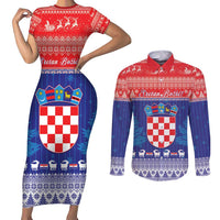 Croatia Christmas Couples Matching Short Sleeve Bodycon Dress and Long Sleeve Button Shirt Coat Of Arms Sretan Bozic - Wonder Print Shop
