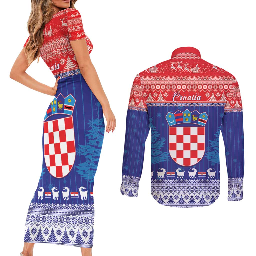 Croatia Christmas Couples Matching Short Sleeve Bodycon Dress and Long Sleeve Button Shirt Coat Of Arms Sretan Bozic - Wonder Print Shop