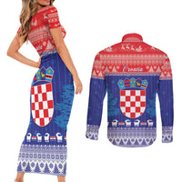 Croatia Christmas Couples Matching Short Sleeve Bodycon Dress and Long Sleeve Button Shirt Coat Of Arms Sretan Bozic - Wonder Print Shop