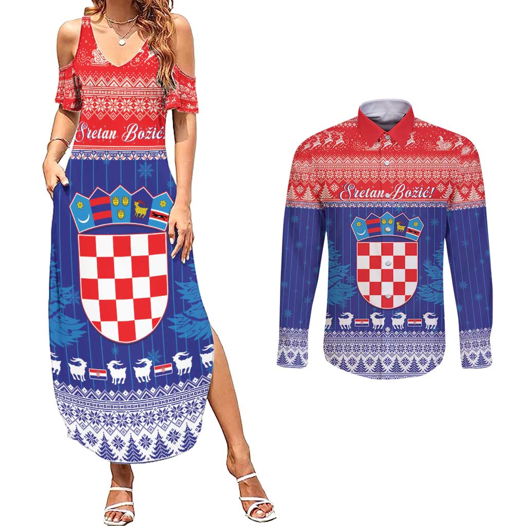 Croatia Christmas Couples Matching Summer Maxi Dress and Long Sleeve Button Shirt Coat Of Arms Sretan Bozic - Wonder Print Shop