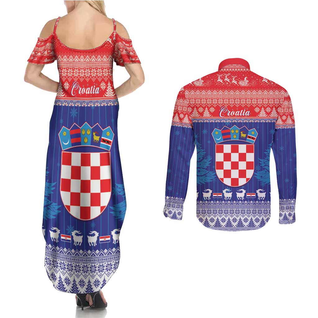 Croatia Christmas Couples Matching Summer Maxi Dress and Long Sleeve Button Shirt Coat Of Arms Sretan Bozic - Wonder Print Shop