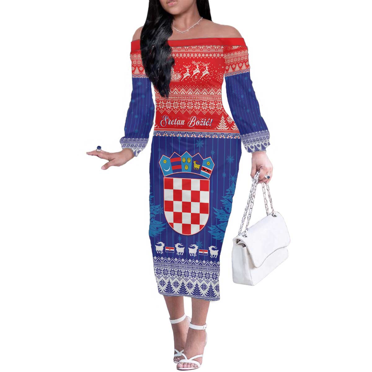 Croatia Christmas Family Matching Off The Shoulder Long Sleeve Dress and Hawaiian Shirt Coat Of Arms Sretan Bozic - Wonder Print Shop