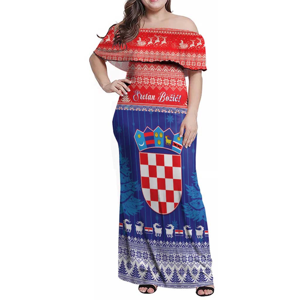 Croatia Christmas Family Matching Off Shoulder Maxi Dress and Hawaiian Shirt Coat Of Arms Sretan Bozic - Wonder Print Shop