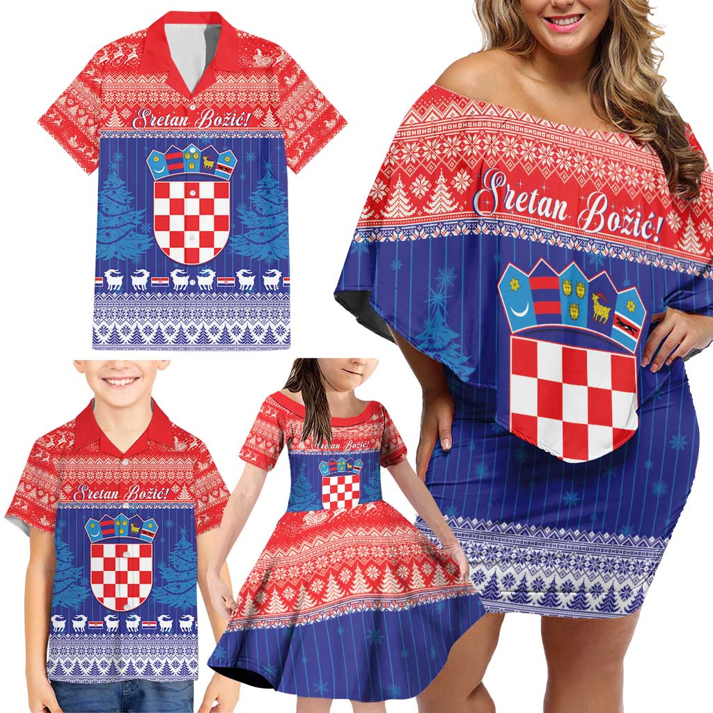 Croatia Christmas Family Matching Off Shoulder Short Dress and Hawaiian Shirt Coat Of Arms Sretan Bozic - Wonder Print Shop