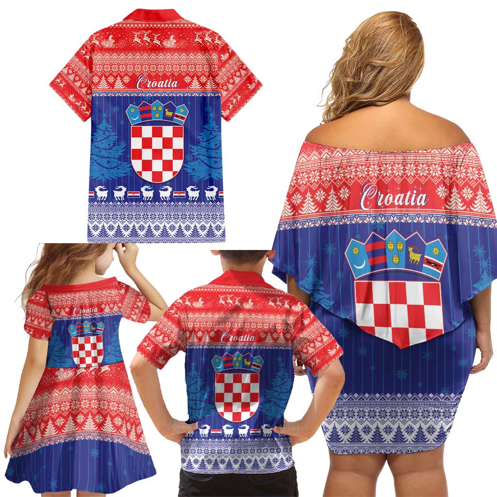 Croatia Christmas Family Matching Off Shoulder Short Dress and Hawaiian Shirt Coat Of Arms Sretan Bozic - Wonder Print Shop