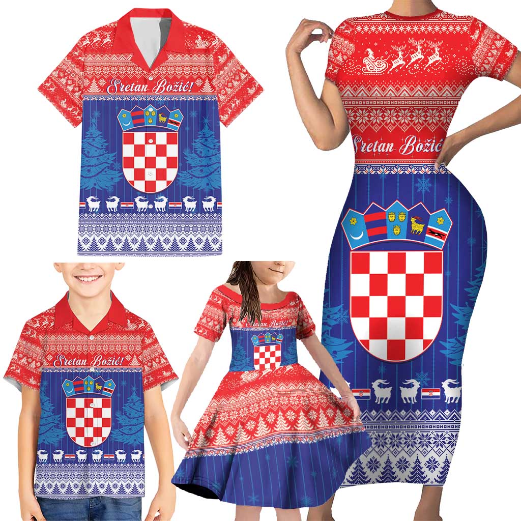 Croatia Christmas Family Matching Short Sleeve Bodycon Dress and Hawaiian Shirt Coat Of Arms Sretan Bozic - Wonder Print Shop