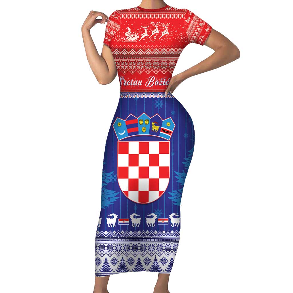 Croatia Christmas Family Matching Short Sleeve Bodycon Dress and Hawaiian Shirt Coat Of Arms Sretan Bozic - Wonder Print Shop