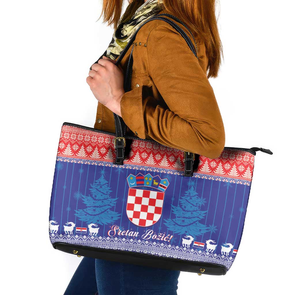 Croatia Christmas Leather Tote Bag Coat Of Arms Sretan Bozic - Wonder Print Shop