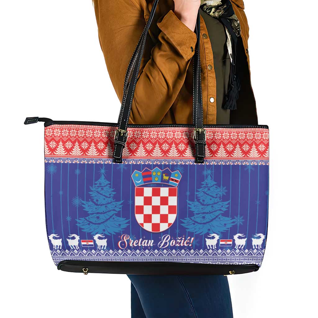 Croatia Christmas Leather Tote Bag Coat Of Arms Sretan Bozic - Wonder Print Shop