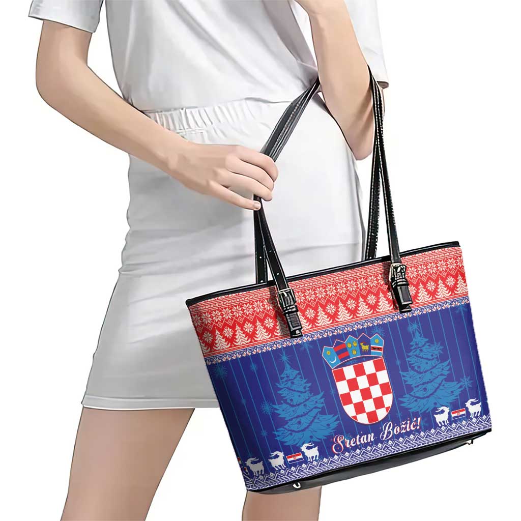 Croatia Christmas Leather Tote Bag Coat Of Arms Sretan Bozic - Wonder Print Shop