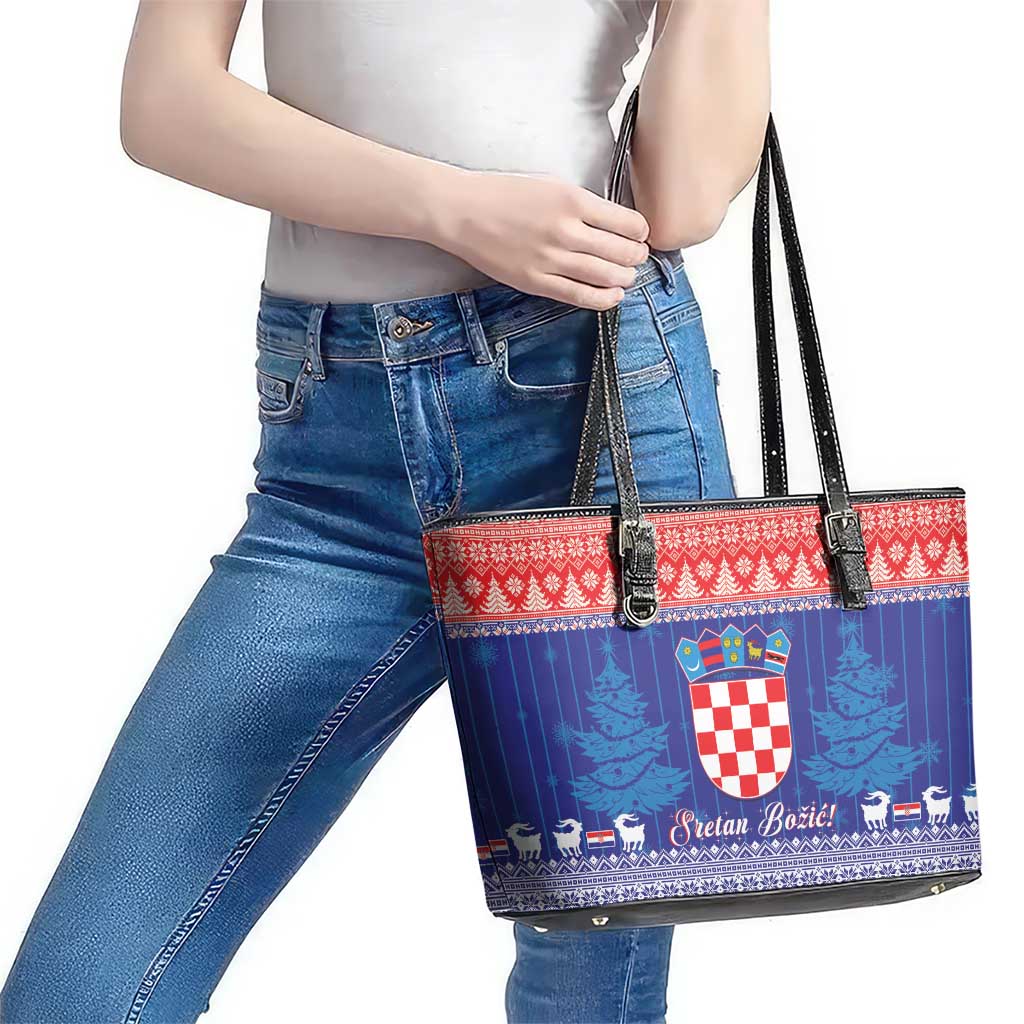 Croatia Christmas Leather Tote Bag Coat Of Arms Sretan Bozic - Wonder Print Shop