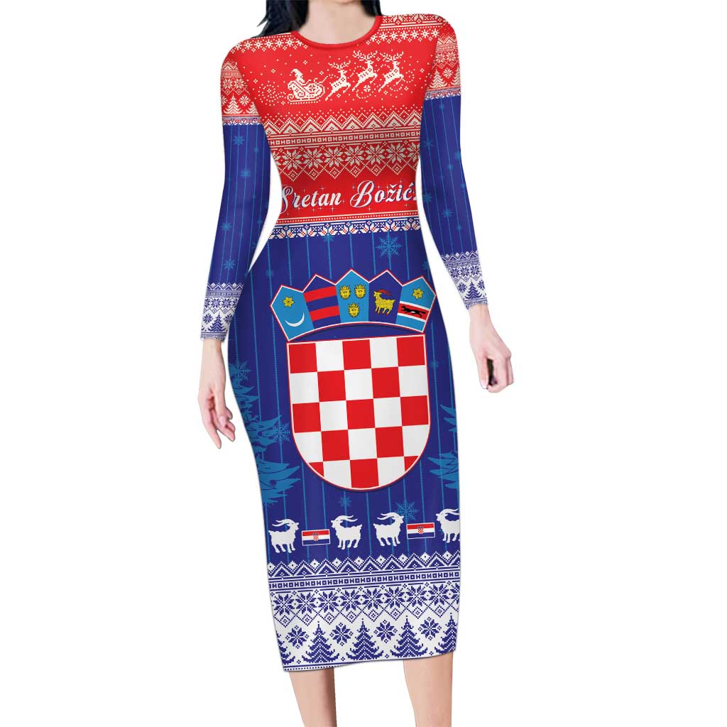 Croatia Christmas Long Sleeve Bodycon Dress Coat Of Arms Sretan Bozic - Wonder Print Shop